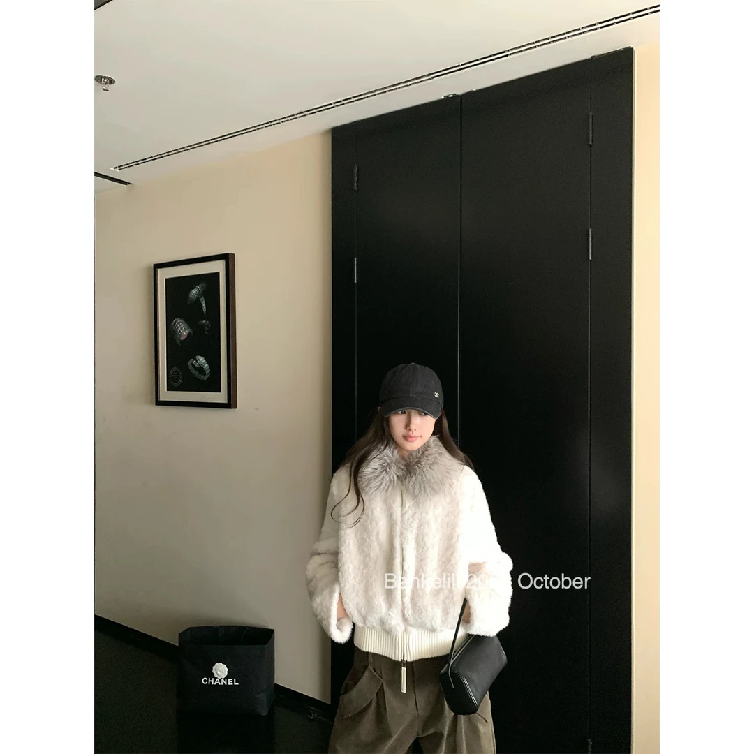 板栗可可'暖冬咩咩'大毛领短款环葆羊羔毛保暖外套女冬8560丰