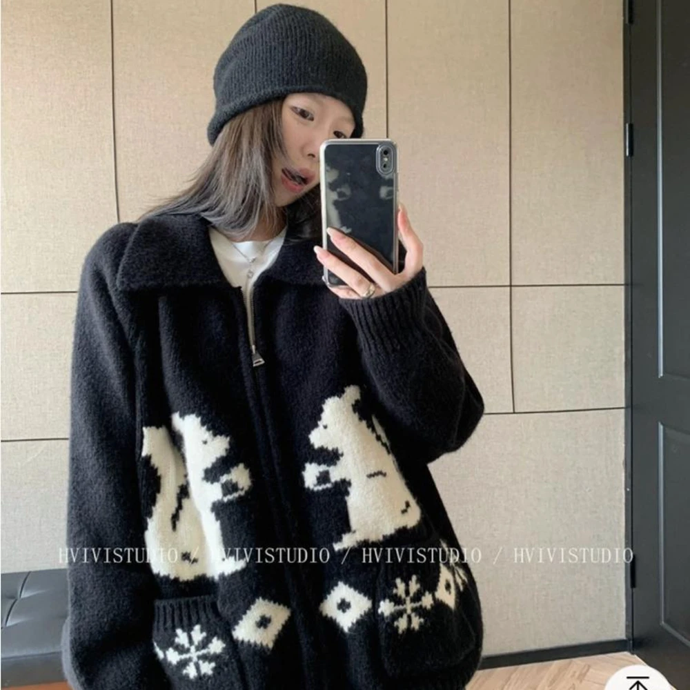 慵懒风翻领拉链提花毛衣女秋冬款简约洋气韩版宽松加厚针织开衫潮