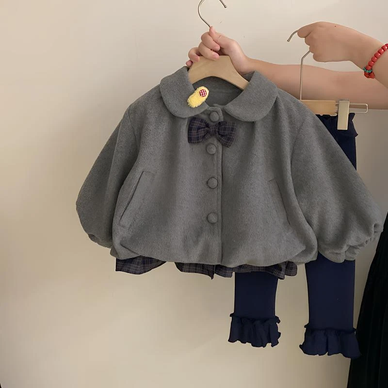 娃娃领学院风单排扣翻领圆领格子冬季厚款B类呢大衣儿童衣服