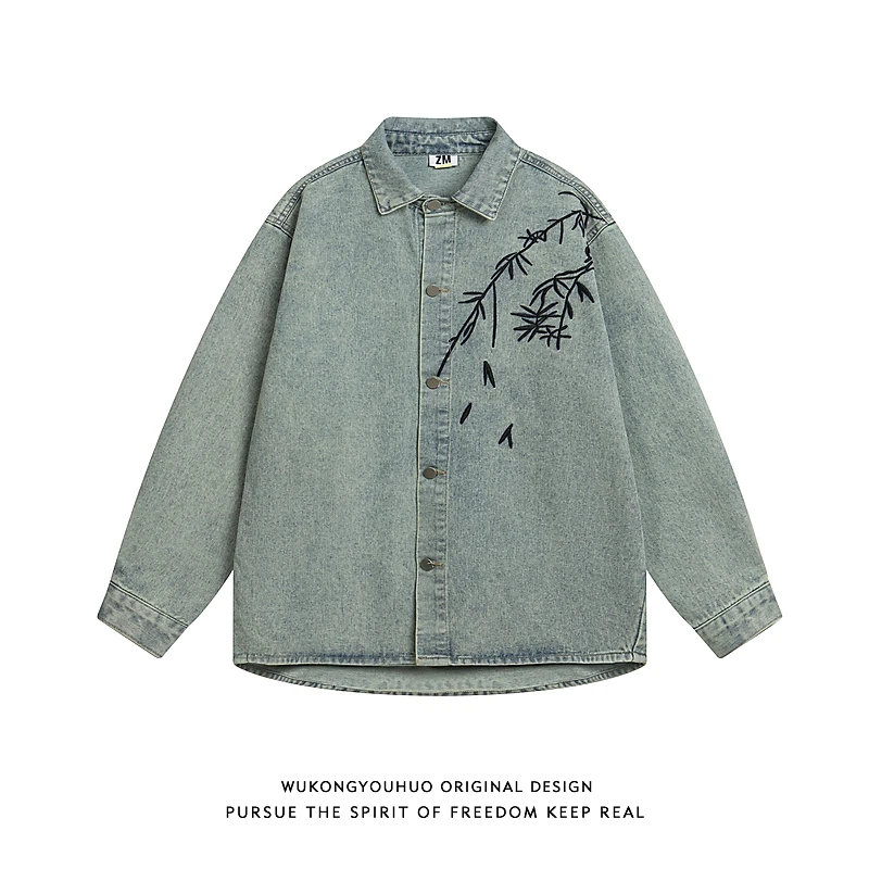 悟空有货潮牌美式复古刺绣水洗牛仔外套男女秋季宽松潮流百搭夹克