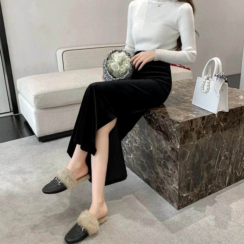 丝绒长裙黑色ins风开叉女气质包臀裙外穿百搭通勤半身裙
