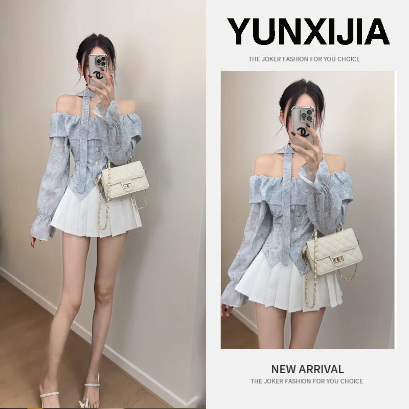 春季甜辣一整套穿搭女2025新款韩版一字肩挂脖上衣百褶裙两件套装