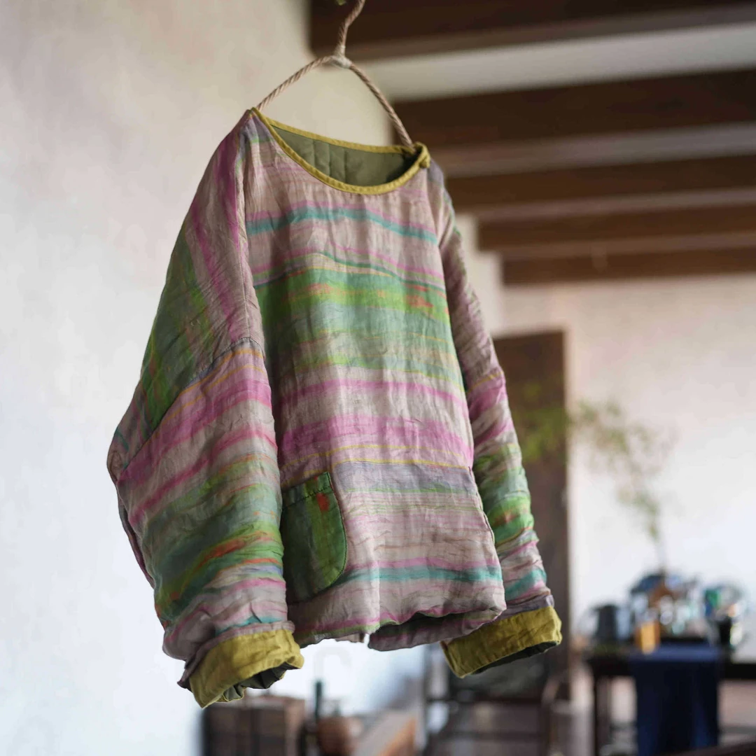 子曰原创高温水超柔苎麻印花长袖棉衣复古宽松夹棉保暖圆领棉服