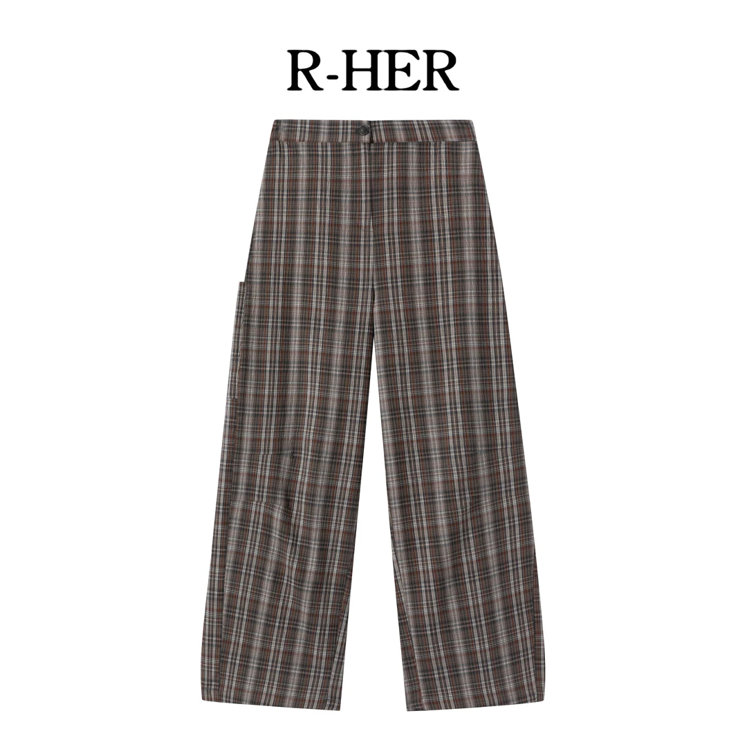R-HER【垂坠格纹】美式复古格子阔腿裤高腰宽松休闲直筒垂感拖地裤