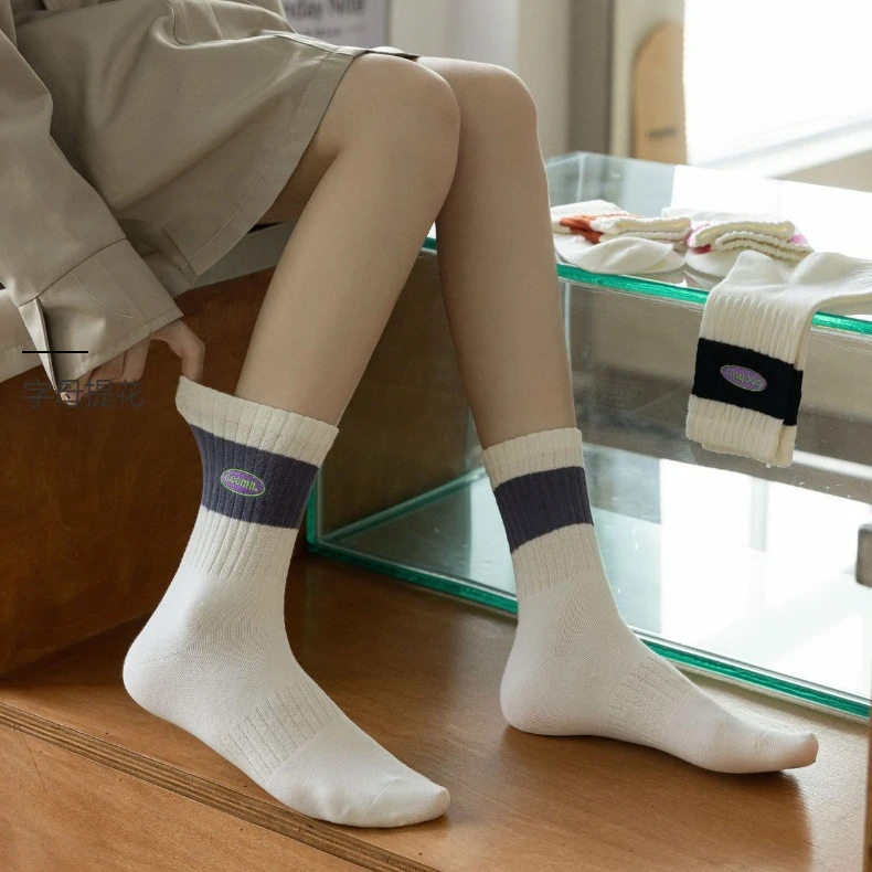 10双四季白色中筒袜子女堆堆袜字母刺绣ins潮网红堆堆运动棉袜