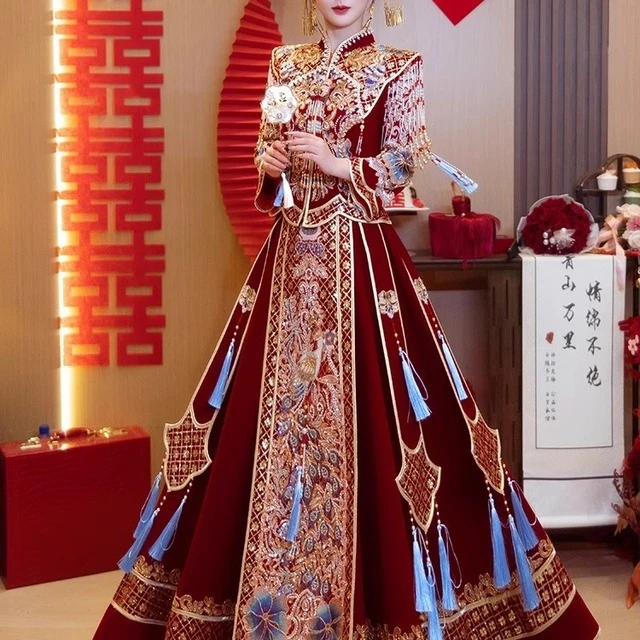 重工秀禾服婚服2025新款新娘结婚敬酒礼服孔雀图出阁嫁衣丝绒春夏