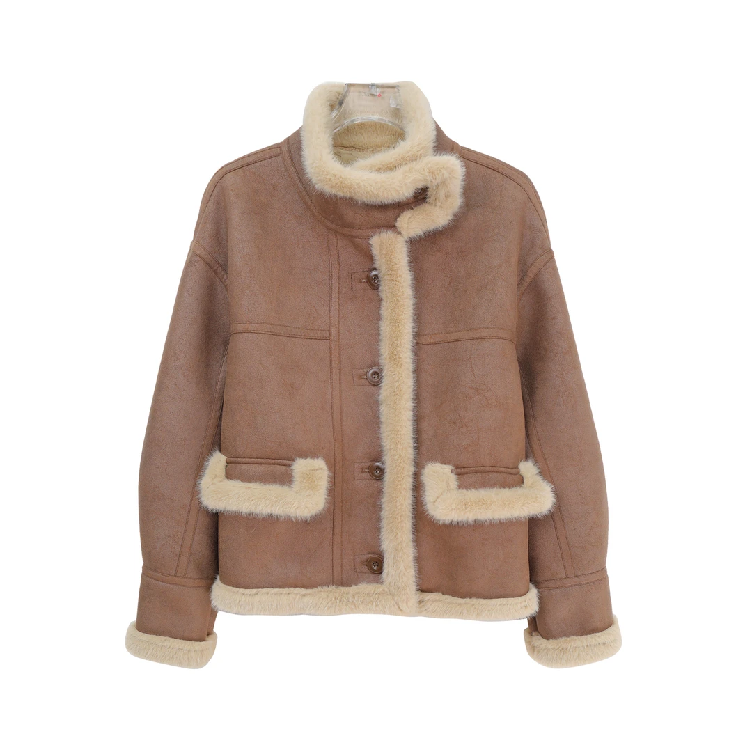 潮流辣妹风拼接单排扣毛绒短款加厚外套X3070