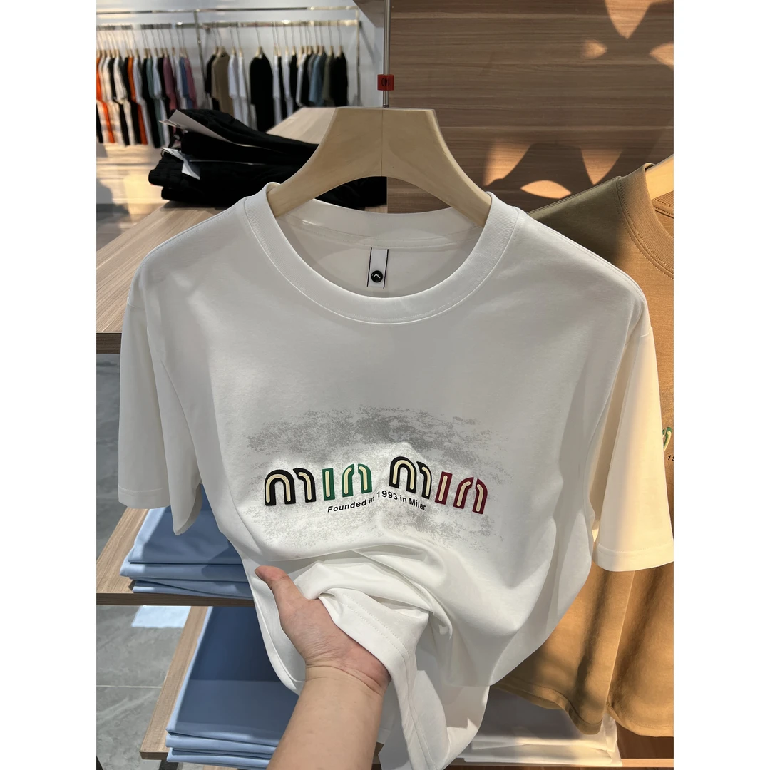 嘻哈哥夏季薄款冰丝新疆棉圆领白色t恤男短袖修身凸胶字母半袖男