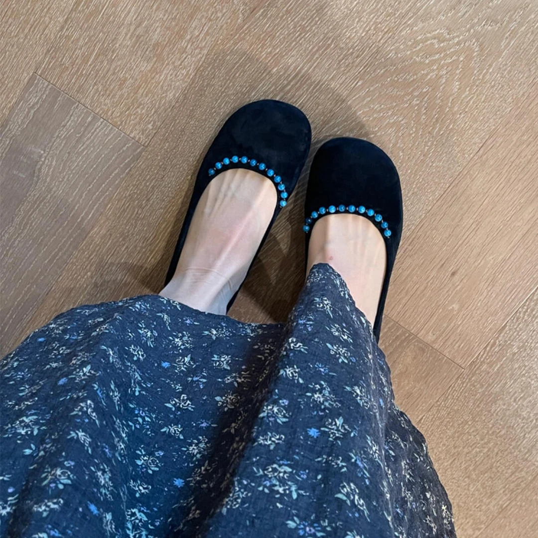 高定版~早春新款一脚蹬平底鞋女新中式串珠浅口圆头百搭绒面单鞋