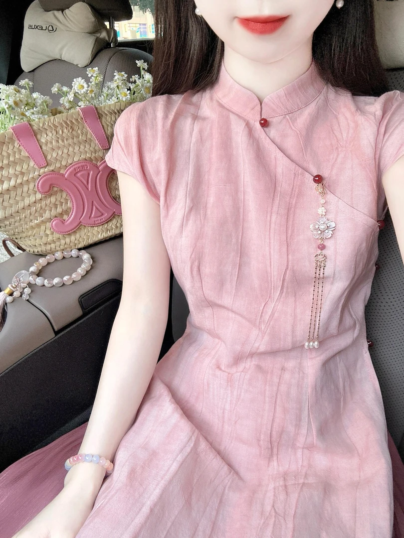 新中式轻国风斜襟盘扣改良旗袍茶歇裙子2025夏季高级感绝美连衣裙