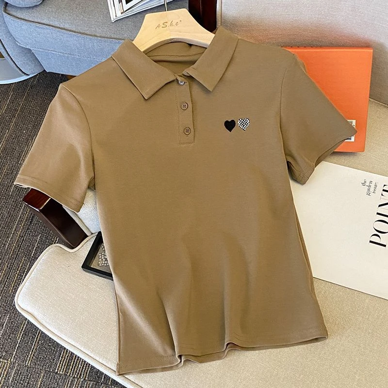 W2318 夏季新款polo衫短袖正肩薄款上衣女T恤复古高档刺绣修身