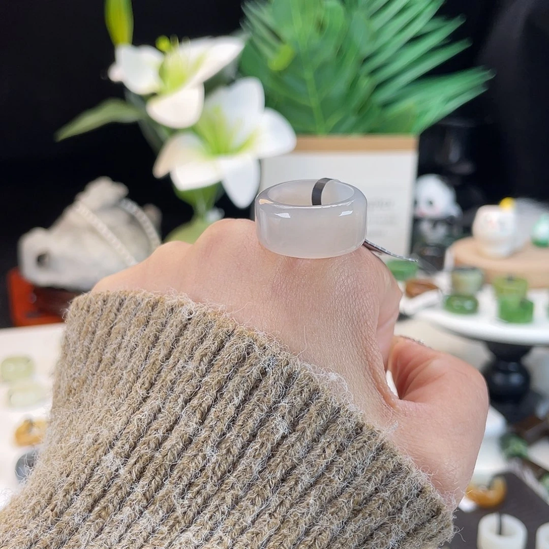 和田玉未镶嵌戒指E78藕粉圆切17.6