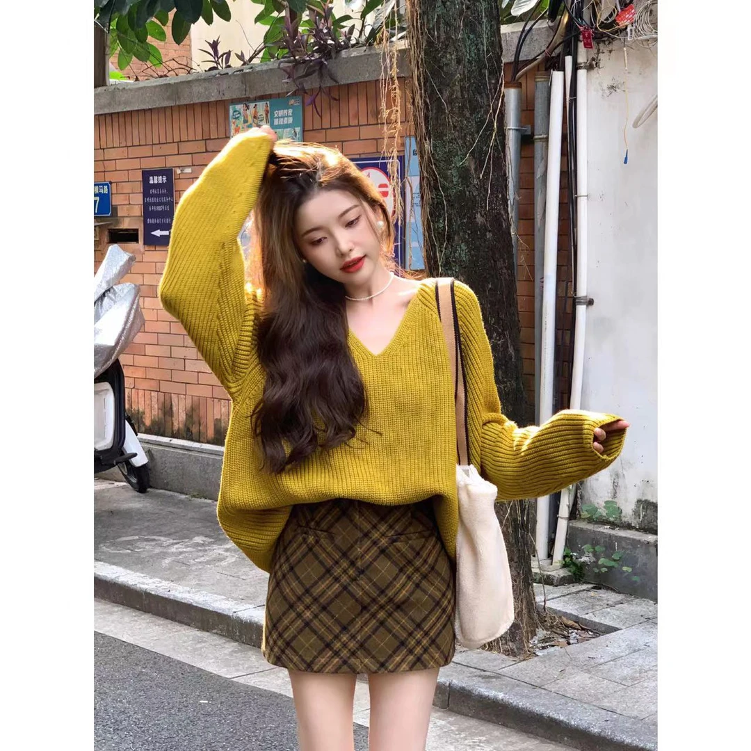 SZA【冬日海岸】秋冬新款慵懒风宽松V领显瘦长袖针织毛衣A-507