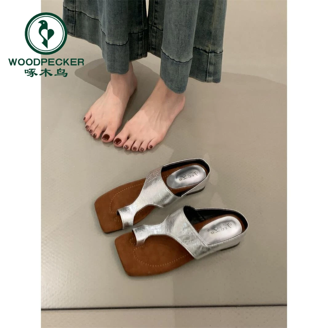 啄木鸟坡跟夹脚拖鞋女鞋外穿2025夏季银色高跟凉鞋罗马鞋小众凉拖