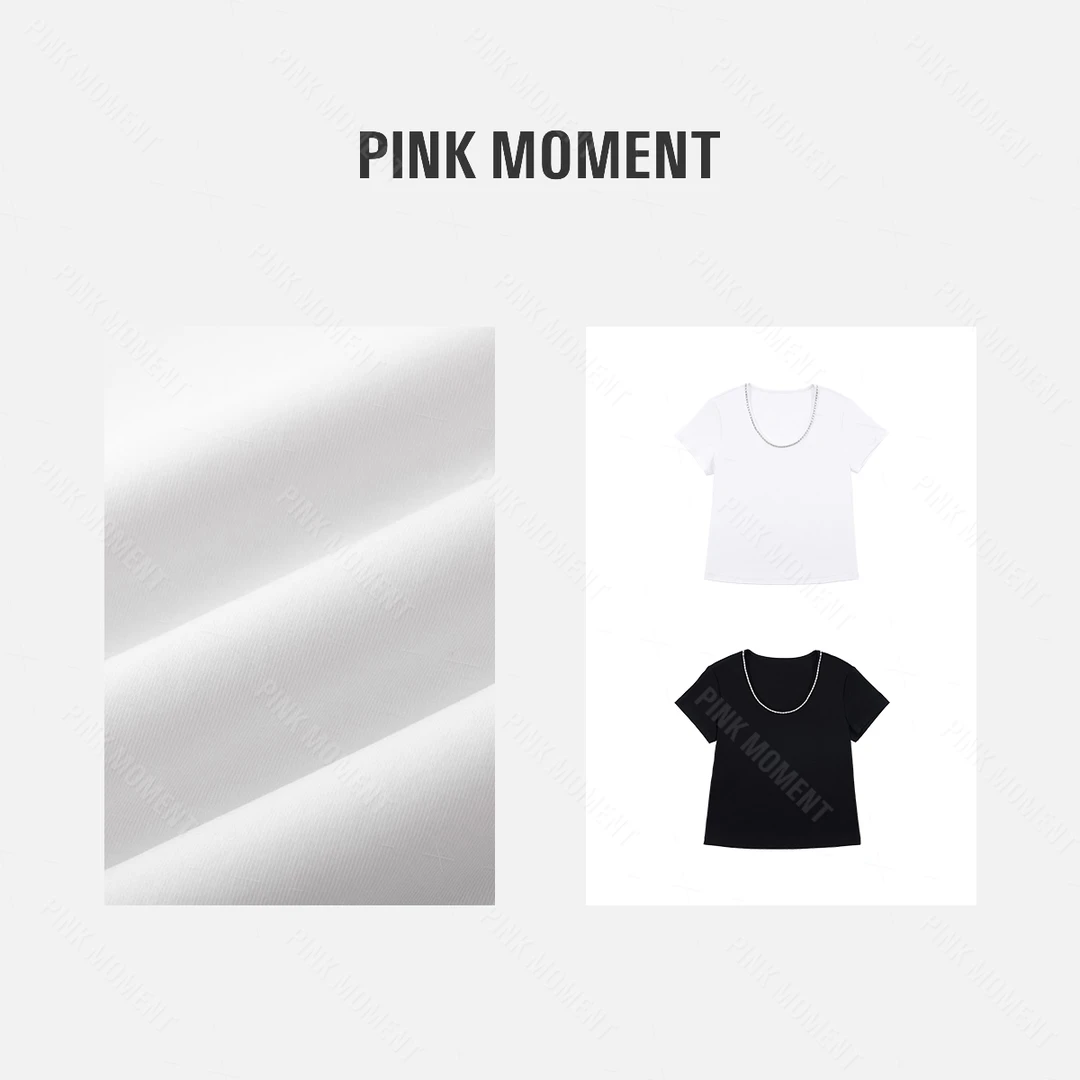 PM王囡囡 黑/白色领口链条短袖T恤 ND1A0303