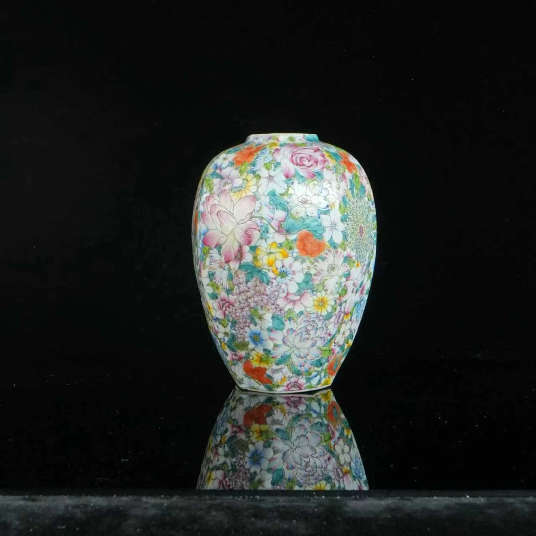 lot14682 2384 晚清 粉彩百花不落地八方罐 H.24.5