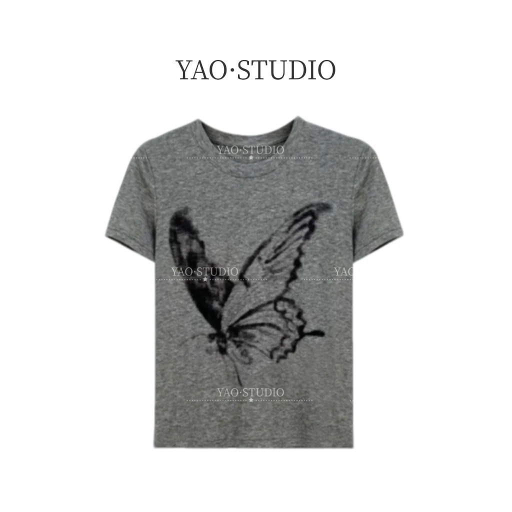 圆领蝴蝶印花T恤时尚短袖百搭休闲时尚女士圆领女款上衣