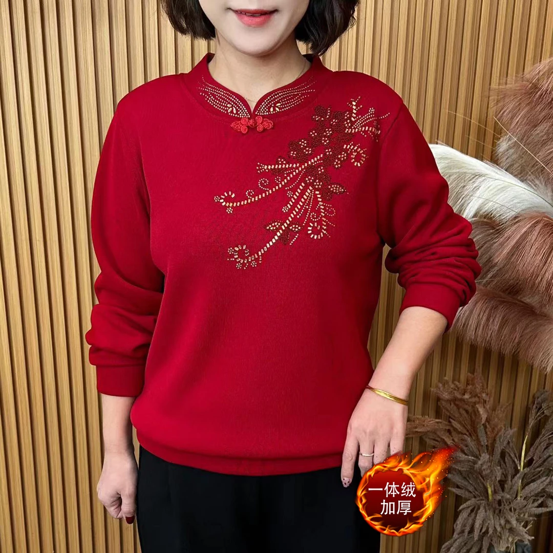 2024秋冬新款烫钻盘扣中式加绒显瘦百搭洋气妈妈装长袖上衣 A9708