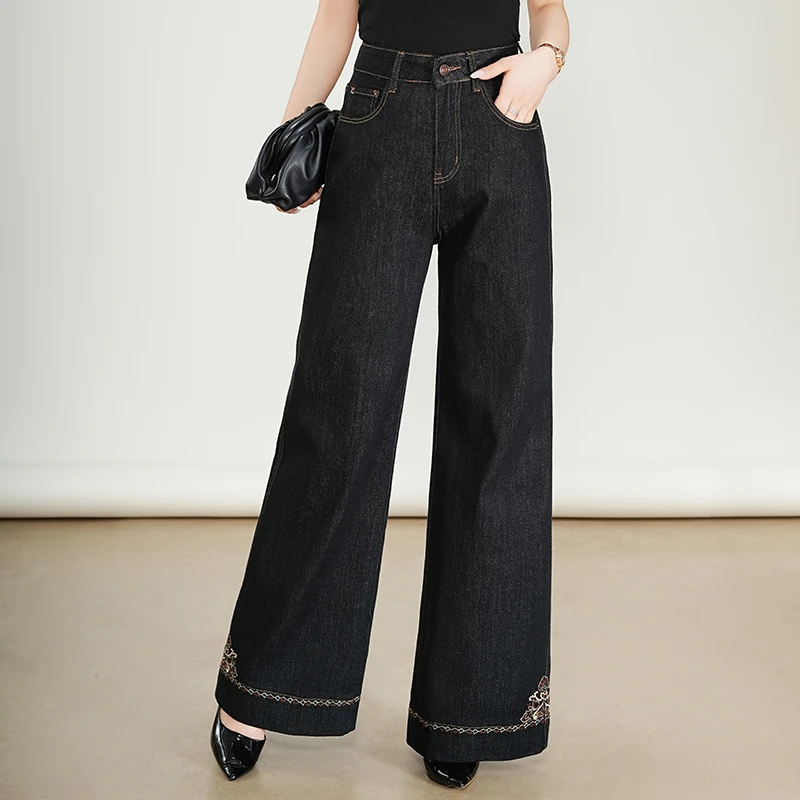 微胖mm黑色高腰百搭直筒绣花牛仔裤女秋冬加绒宽松显瘦垂感阔腿裤