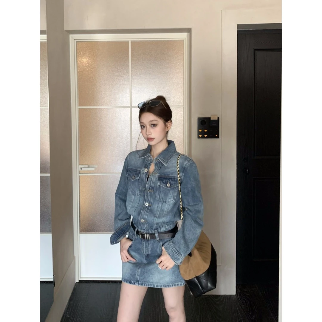 高级感复古水洗牛仔衬衫连衣裙女装秋季辣妹包臀裙显瘦A字裙短裙