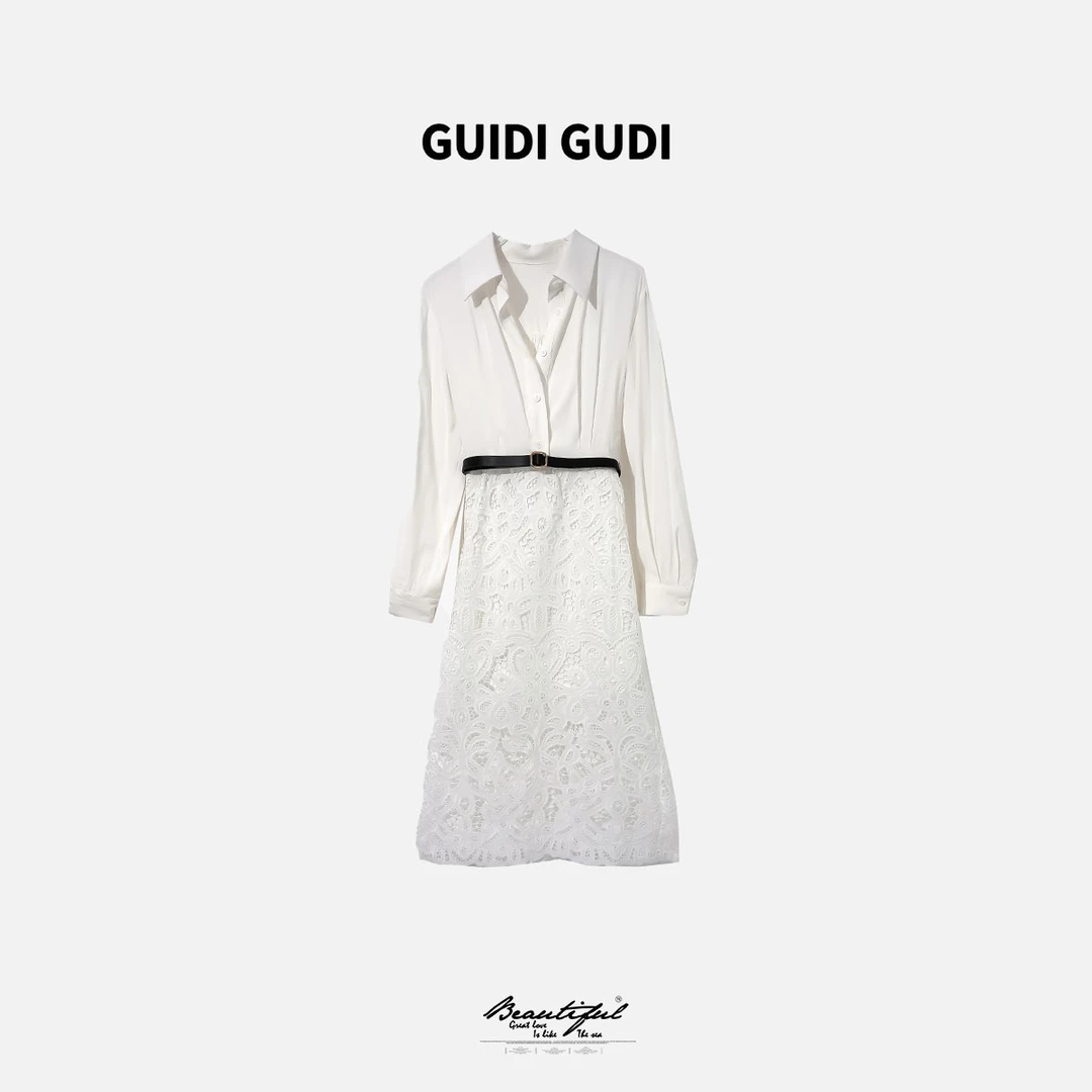 GUIDI GUDI【最美的风景】黄加蓝蕾丝长款衬衫连衣裙 L9510691H