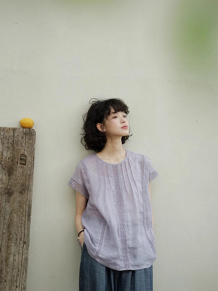 日系风格穿搭小个子短袖衬衫女2025夏季新款复古小衫圆领高端上衣