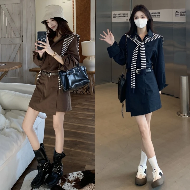 大码胖mm秋季新款POLO领长袖系扣下摆不规则气质连衣裙配针织披肩