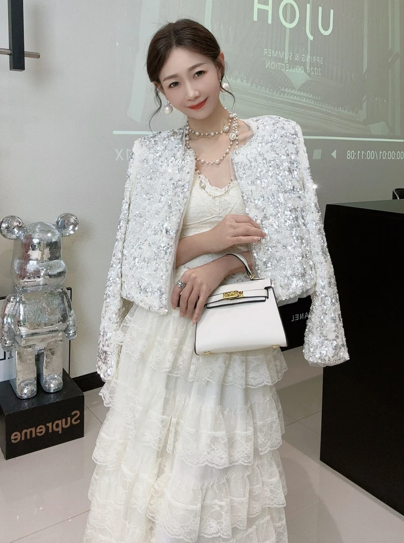 [春歌]秋季新款精致亮片小香风女洋气拼纱高级感短外套女