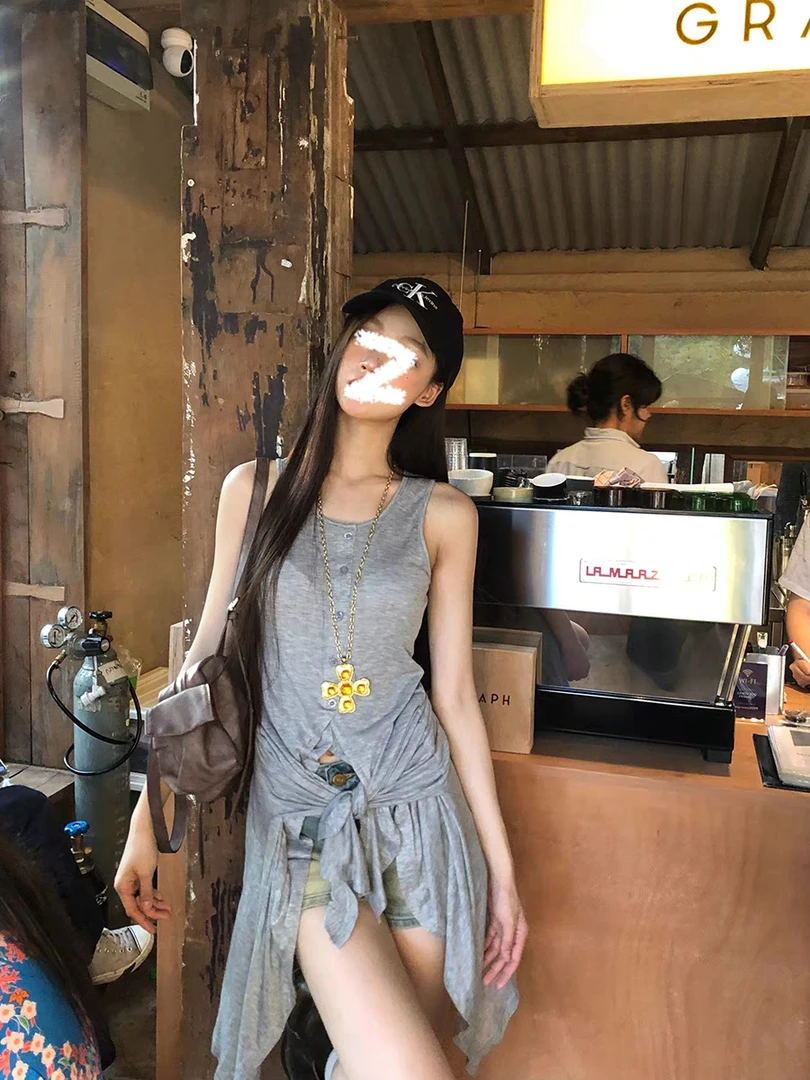 美式辣妹不规则下摆系带背心女春夏假两件设计感小众外穿无袖上衣