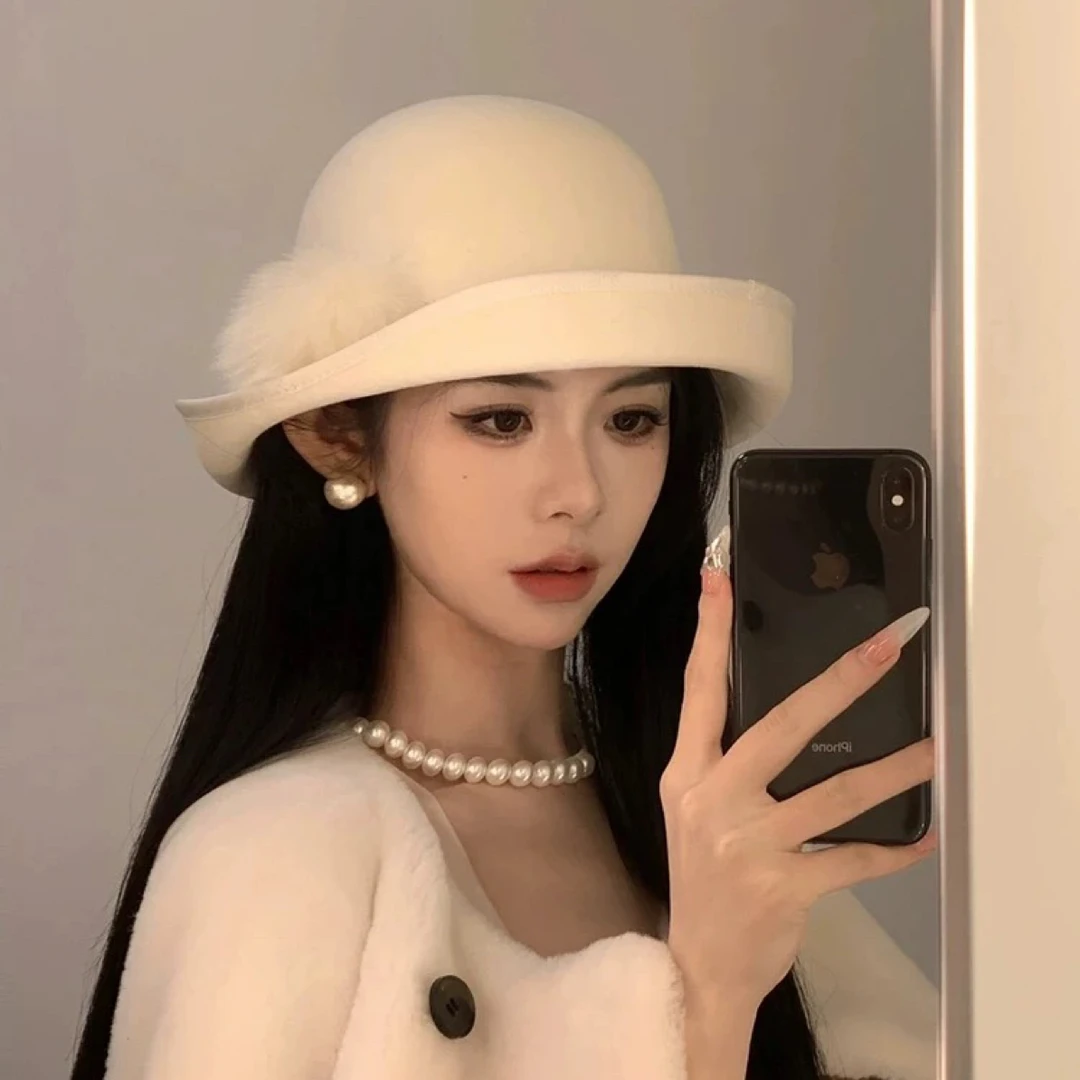羊毛帽子女秋冬法式赫本风卷边盆帽气质优雅大檐礼帽显脸小渔夫帽