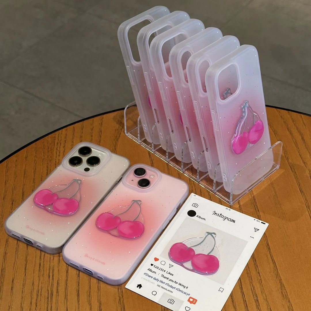 夕与空半透粉樱桃贴片苹果15/16promax手机壳14亲肤13/12磨砂11套