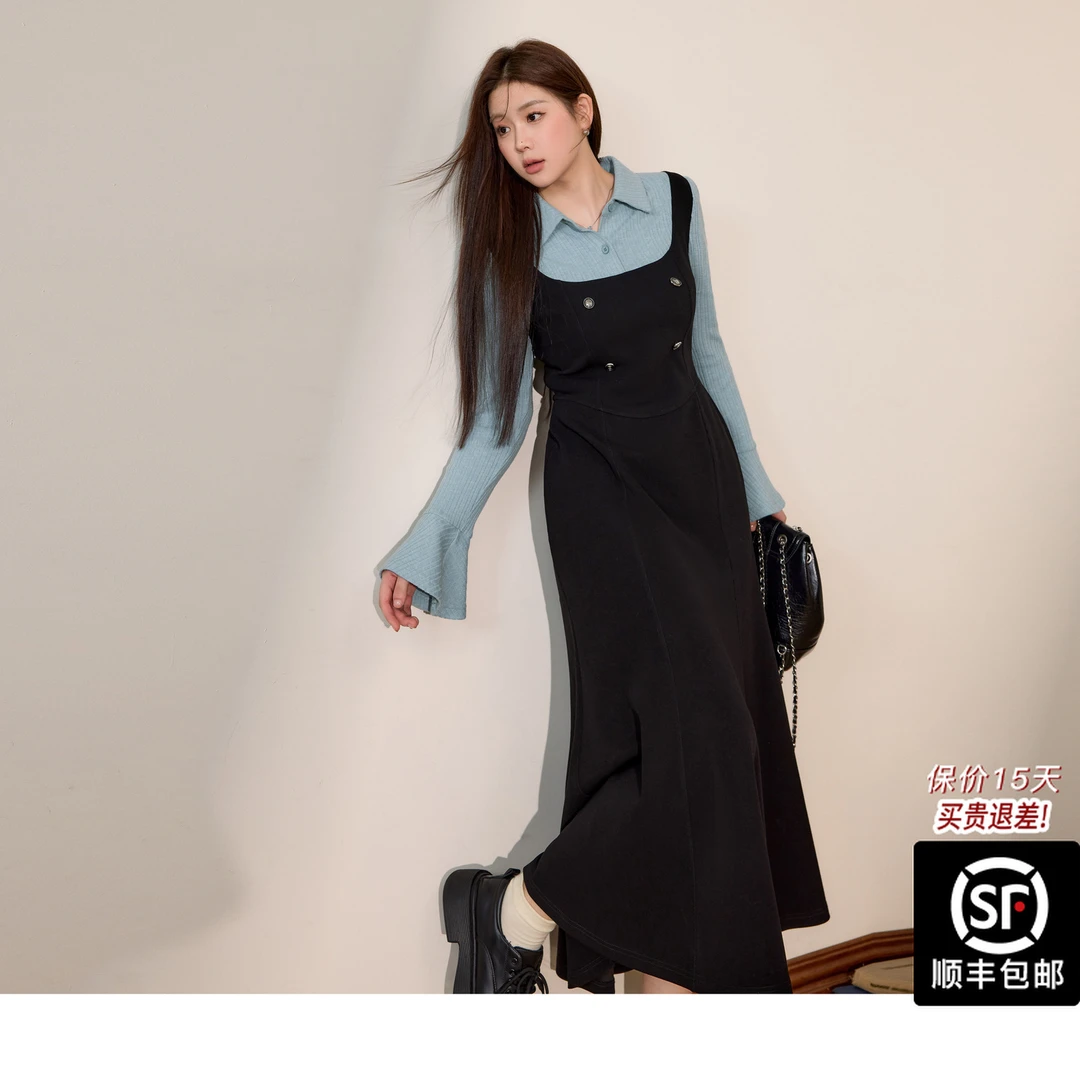 蓝语大码女装微胖M设计感假两件连衣裙2025秋冬款显瘦遮肉a字长裙
