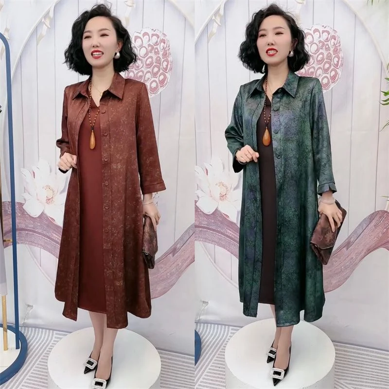 高端贵夫人春夏七分袖提花中长款防晒风衣妈妈装气质长款外套