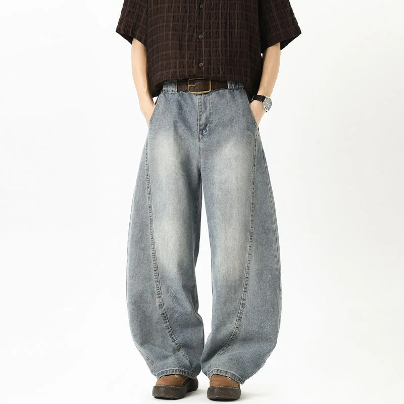 美式水洗蓝弯刀牛仔裤男女夏季宽松baggy竹节阔腿裤百搭拖地长裤