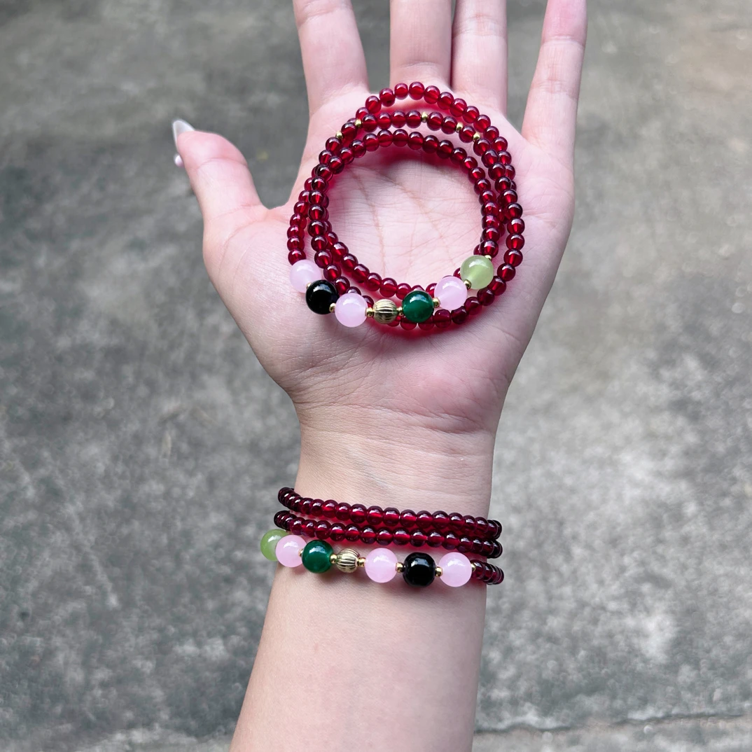 非金属玻璃手链 玻璃手链串珠多圈好运石榴红手链三圈手链女款