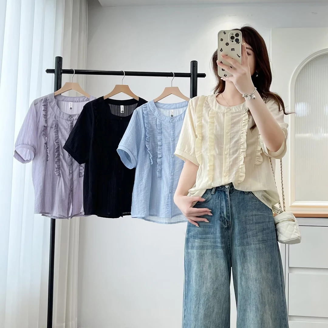 【潼潼专属】大码夏季新款时尚气质减龄花边设计薄款开衫衬衫010