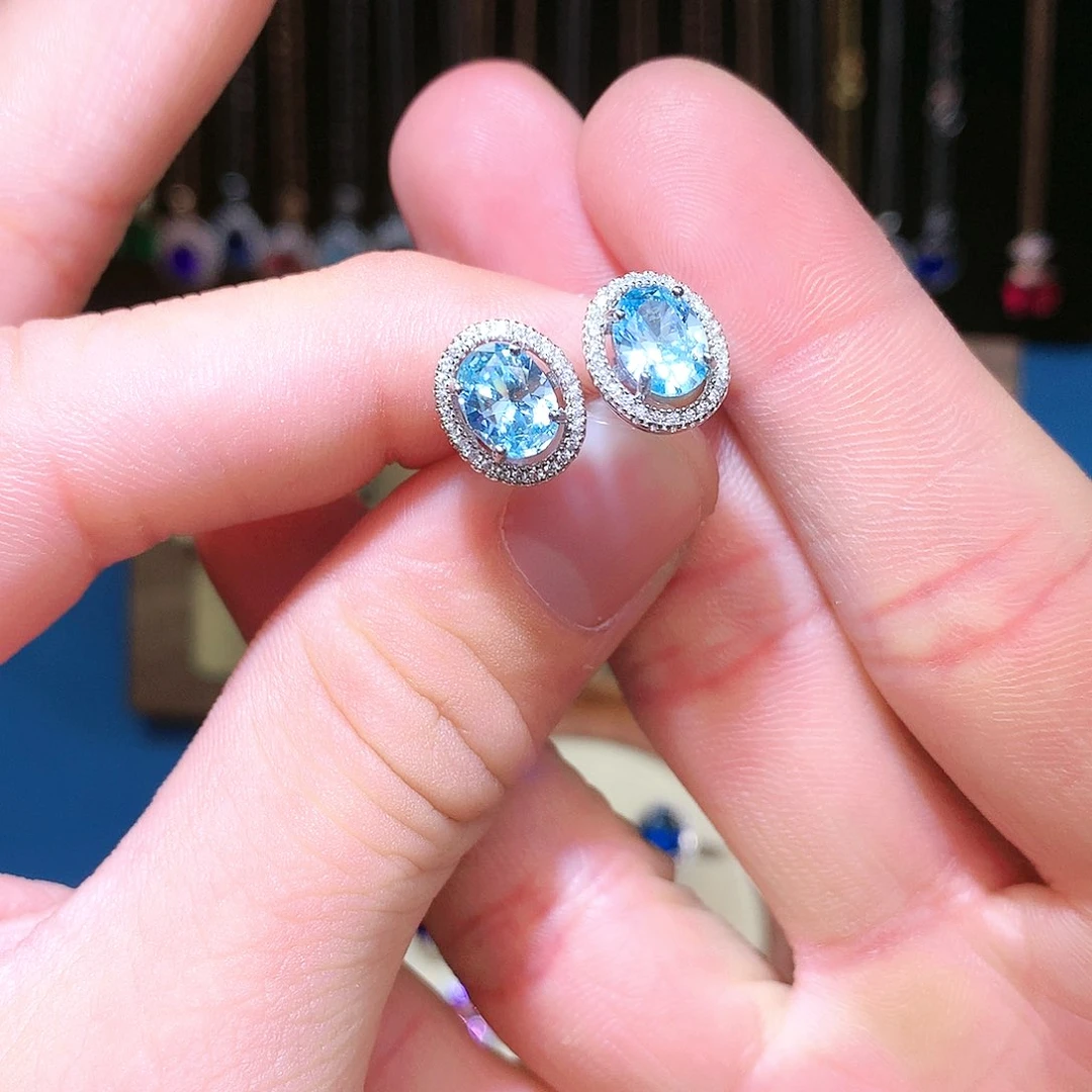 海蓝宝石耳钉银S925镶嵌