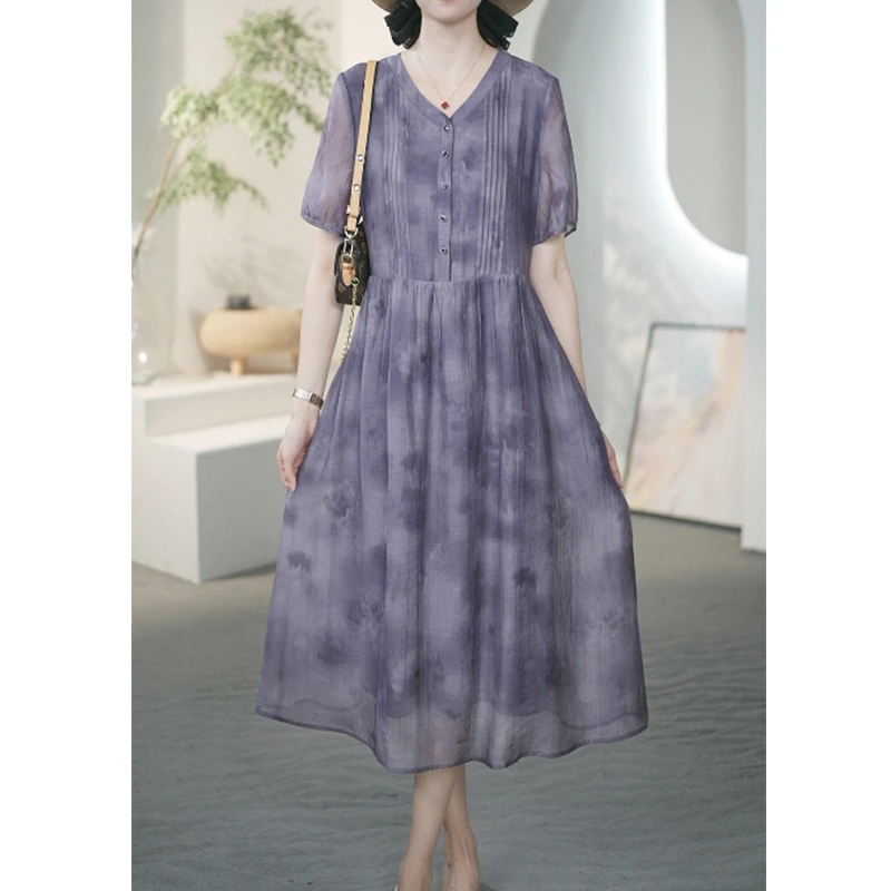 法式大码女装紫色V领连衣裙女夏季时尚洋气减龄气质长裙子A21728