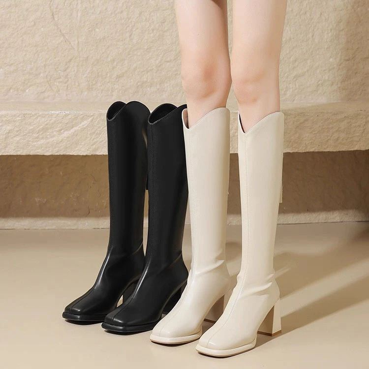 白色长筒靴子女冬季小个子2025年新款高筒高跟英伦风长靴秋冬加绒