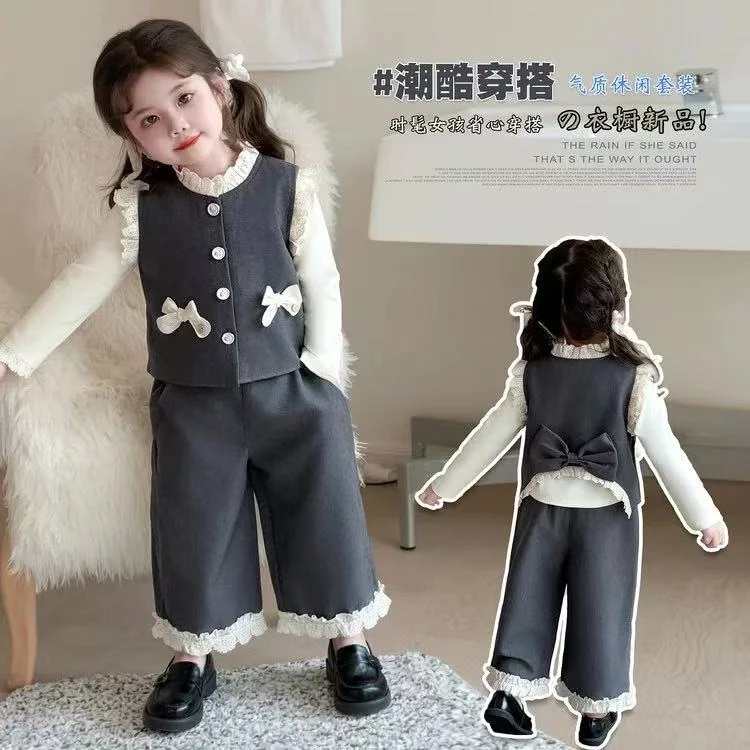 女童韩系套装春秋款女宝宝花边蝴蝶结马甲秋装小女孩阔腿裤三件套