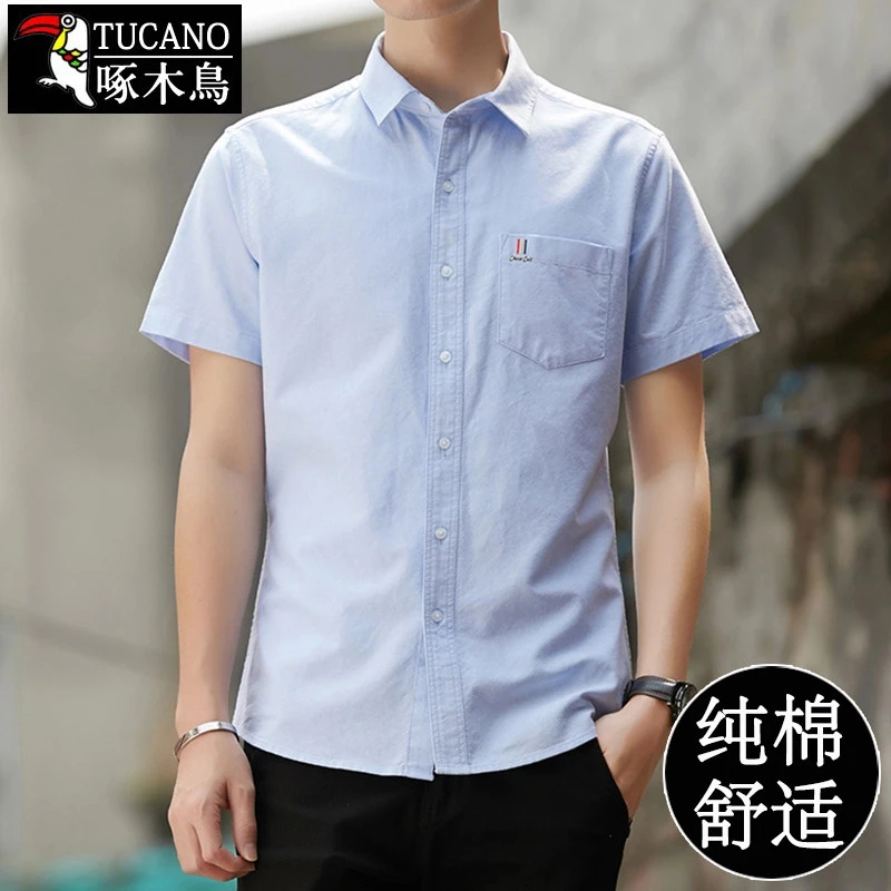 啄木鳥纯棉男士短袖衬衫夏季薄款舒适百搭衬衣有带口袋衬衫上衣服