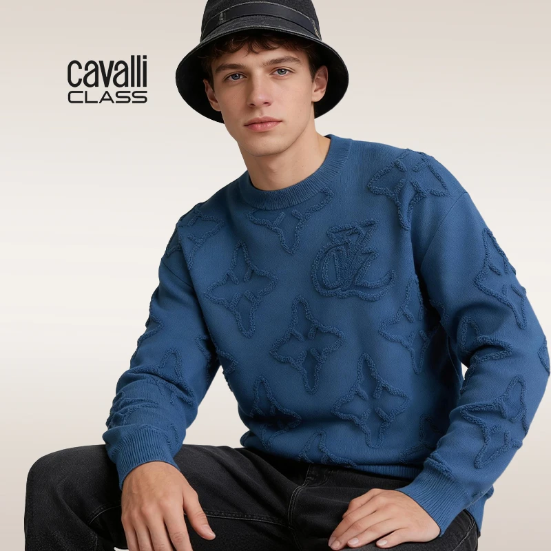 Cavalli Class25秋 圆领毛衣羊毛衫提花满印logo套头衫 CFC234