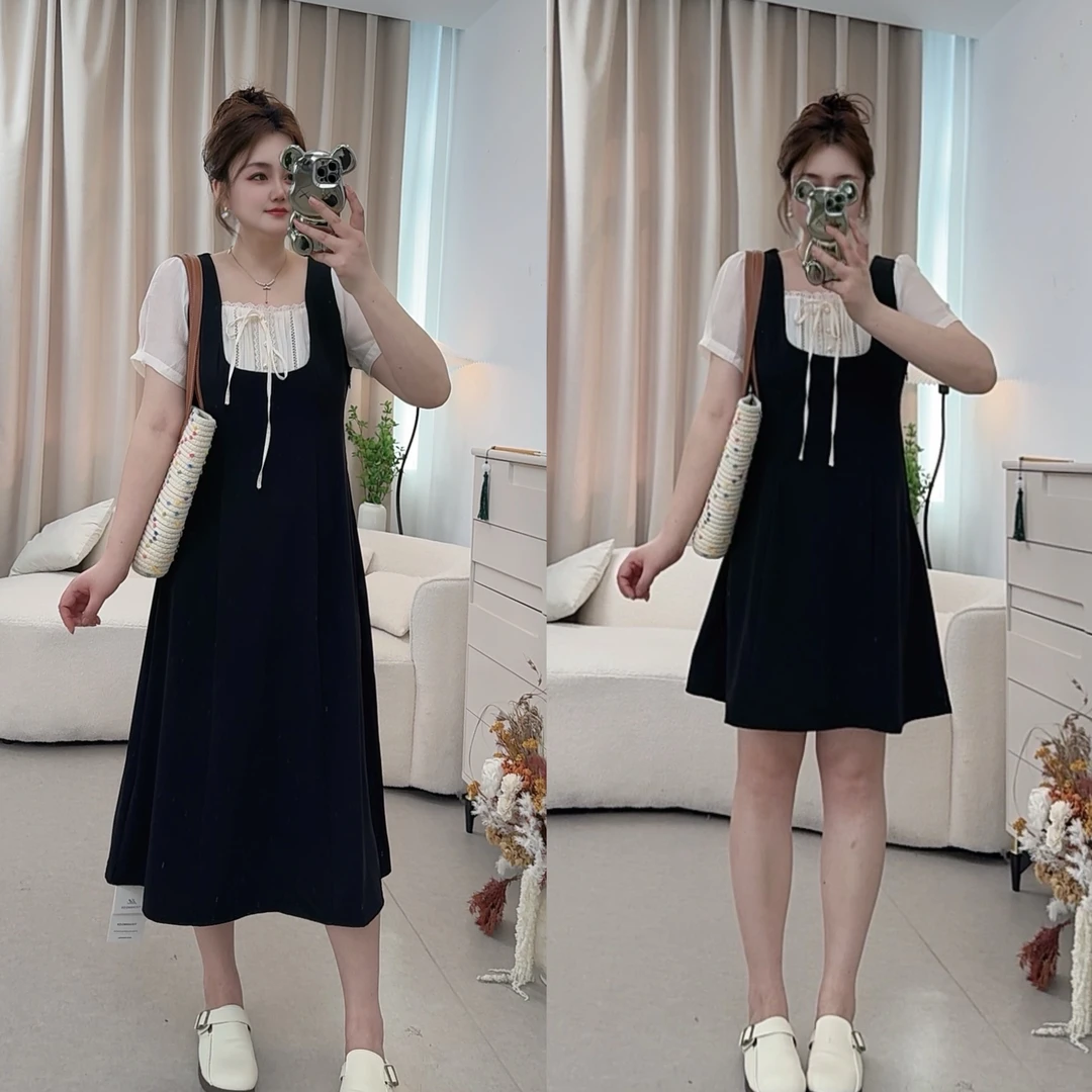 【红袖雨】夏季新款减龄拼接假两件长短款显瘦连衣裙242379+242378