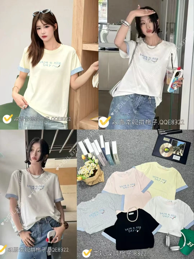 常规版圆领短袖 格子袖口拼接T恤 重工刺绣T恤女