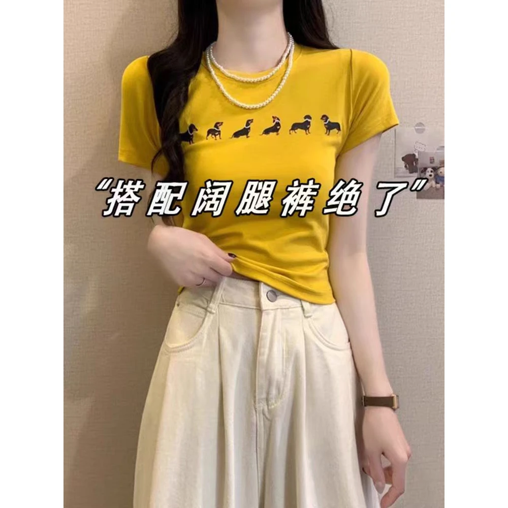 美式辣妹风腊肠狗狗印花短袖正肩T恤女夏季2025修身显瘦短款上衣