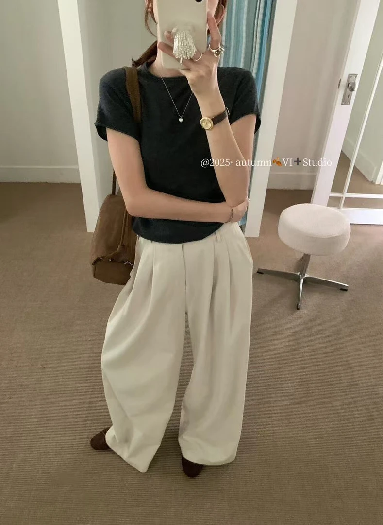 『可好搭』简约韩版秋装短袖显瘦纯色极简时尚针织上衣