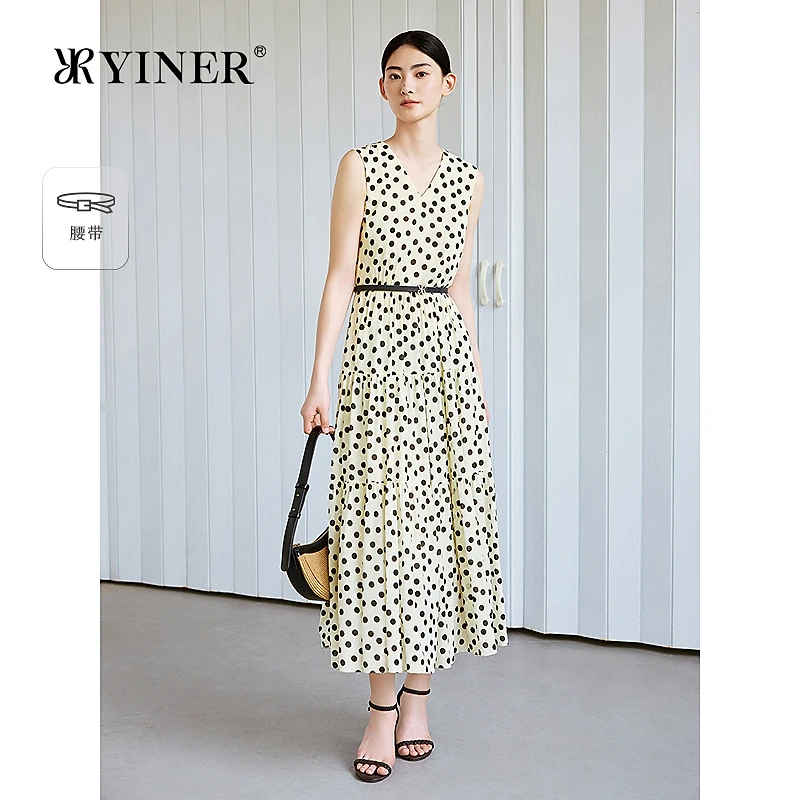 【真丝系列】YINER音儿2025夏季新款优雅无袖V领桑蚕丝波点连衣裙