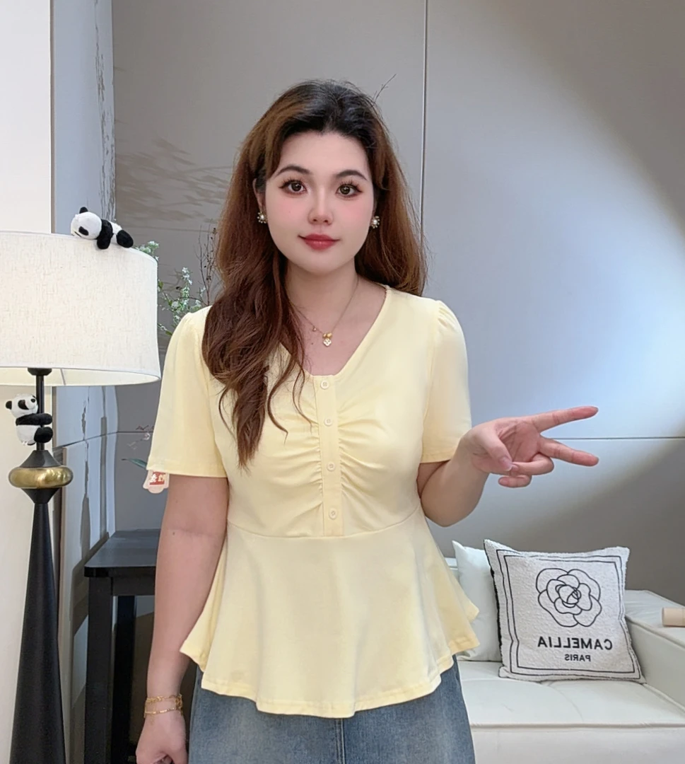 韩系时尚V领短袖T恤女2025夏季新款大码胖mm显瘦遮肉百搭上衣