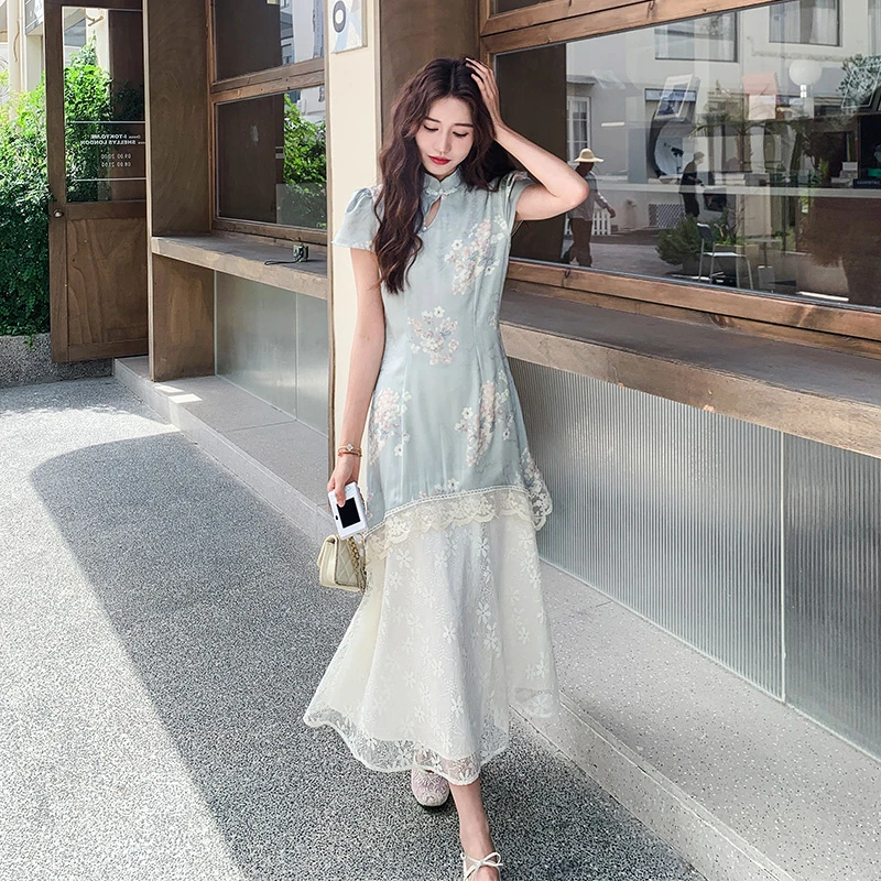 新中式国风蕾丝拼接改良旗袍裙女夏立领盘扣假两件年轻款连衣裙子