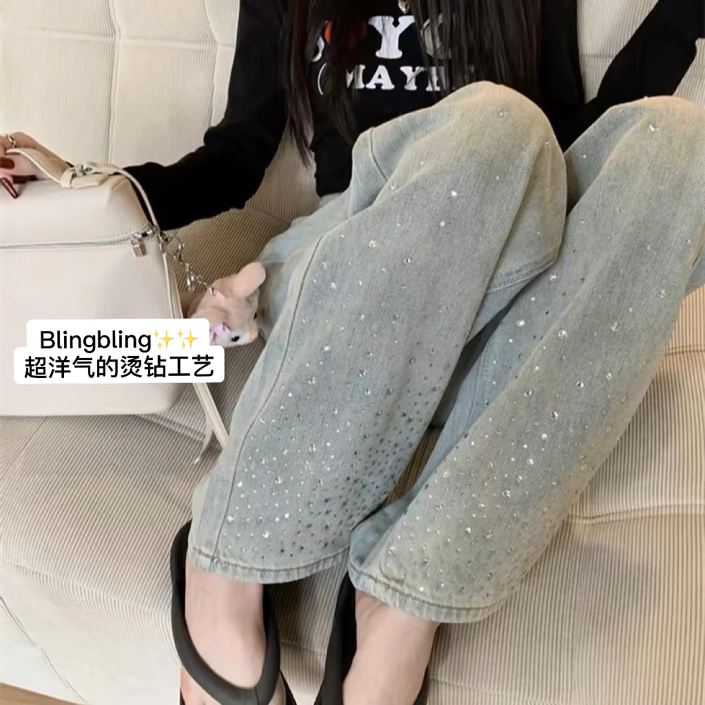 孕妇裤春季新款烫钻设计感牛仔裤女高腰显瘦直筒阔腿薄款长裤子
